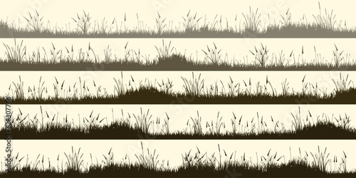 Meadow silhouettes with grass, plants on plain. Panoramic summer lawn landscape with herbs, various weeds. Herbal border, frame element. Brown horizontal banners. Vector illustration