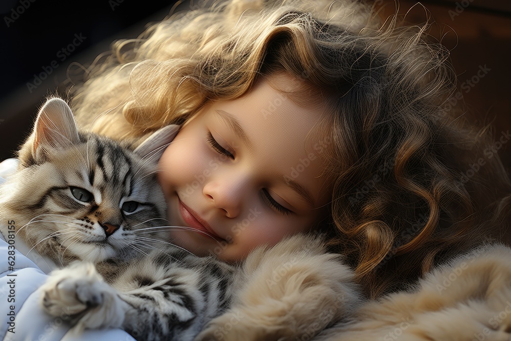 Toddler girl cuddling her pet cat. Generative AI Toddler girl cuddling her pet cat. Generative AI