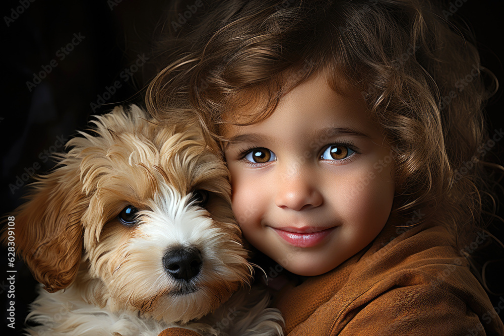 Toddler girl cuddling her pet dog. Generative AI Toddler girl cuddling her pet dog. Generative AI