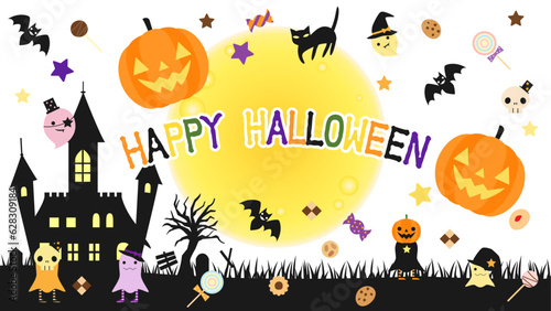 お化けやお菓子などをちりばめたハロウィンのカード　アスペクト比16：9バージョン