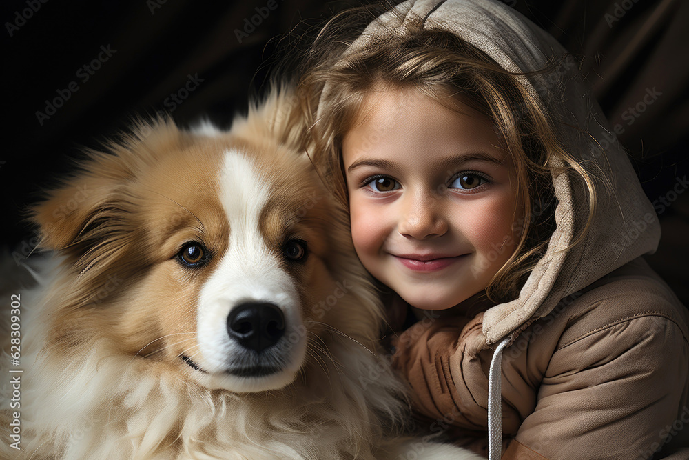 Toddler girl cuddling her pet dog. Generative AI Toddler girl cuddling her pet dog. Generative AI