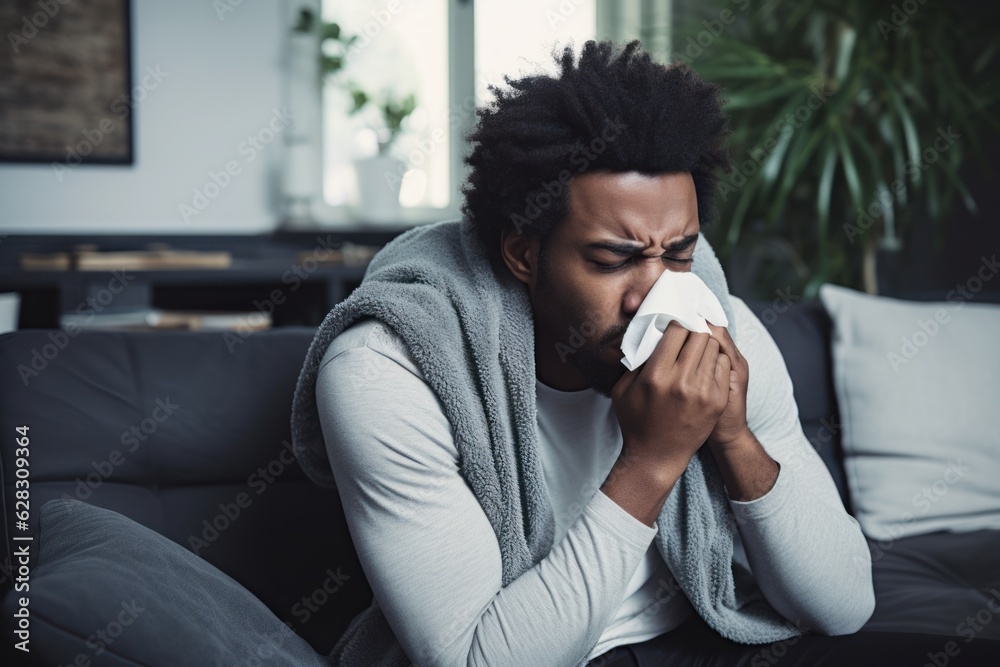 a handsome black african american sick man blowing his nose and coughing. ill with cold and angina flu. took day off and sits on bed couch at home. Generative AI a handsome black african american sick man blowing his nose and coughing. ill with cold and angina flu. took day off and sits on bed couch at home. Generative AI