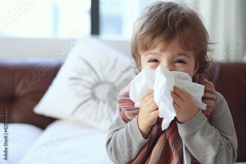 a cute little young baby child sick blowing his nose and coughing. ill with cold and angina flu. took day off and sits on bed couch at home. Generative AI
