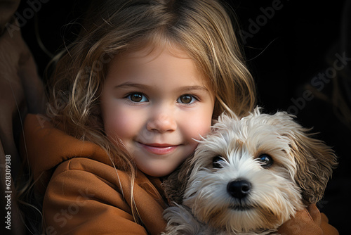 Toddler girl cuddling her pet dog. Generative AI