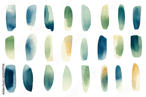 Set of pastel green watercolor brush strokes on isolated transparent background