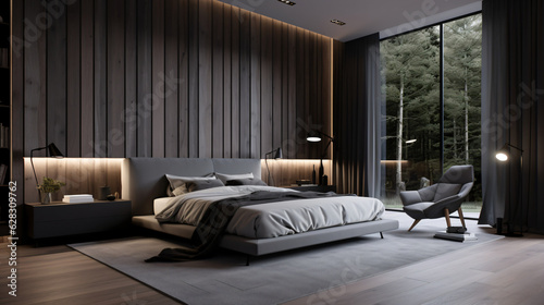 Interior of modern bedroom with wooden walls, comfortable king size dark wooden floor - AI generated