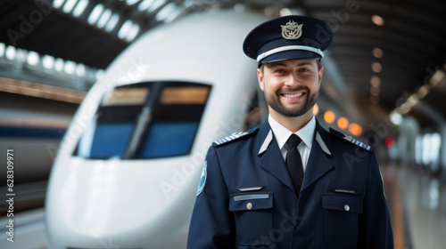 Train driver posing in front of high speed train. Subway train photo