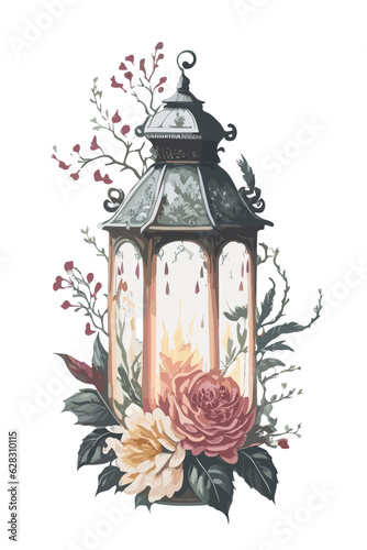 Watercolor lantern with candle and holiday decor. Hand painted traditional lantern with rose and plant isolated on white background. For design or print
