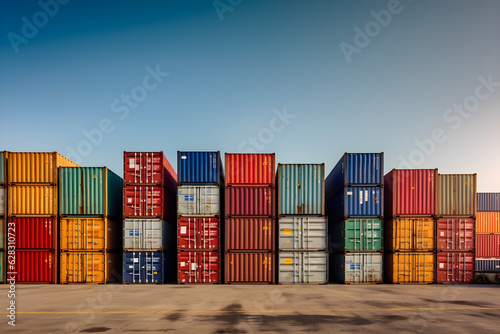 stacked cargo containers in storage area of freight sea port terminal