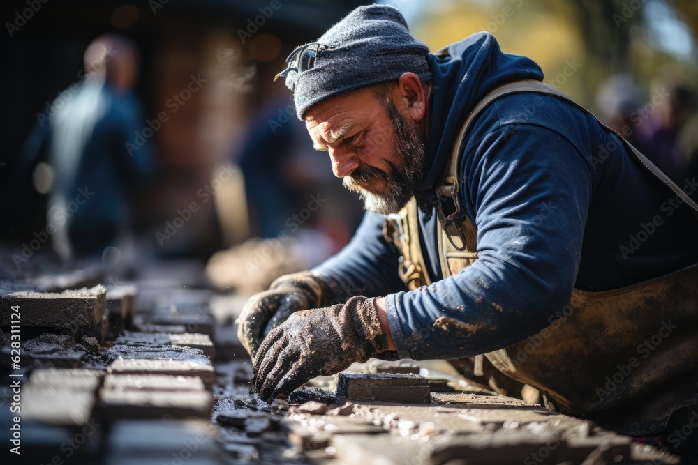 Bricklayer plastering a brick wall. Generative AI Bricklayer plastering a brick wall. Generative AI