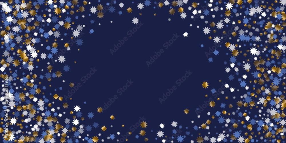 Subtle Christmas star holiday pattern illustration. Gold blue white shiny decoration. Banner