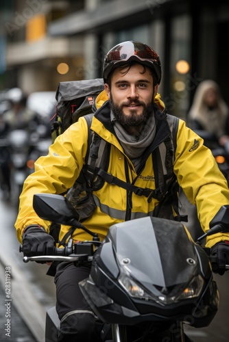 A food delivery man riding a bike with a backpack full of food containers, wearing a bright yellow delivery uniform, and a reflective vest. Generative AI