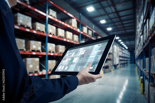 smart warehouse inventory management system concept manager using digital tablet showing warehouse software management dashboard on blurred warehouse as background