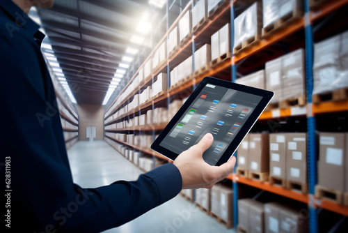 smart warehouse inventory management system concept manager using digital tablet showing warehouse software management dashboard on blurred warehouse as background