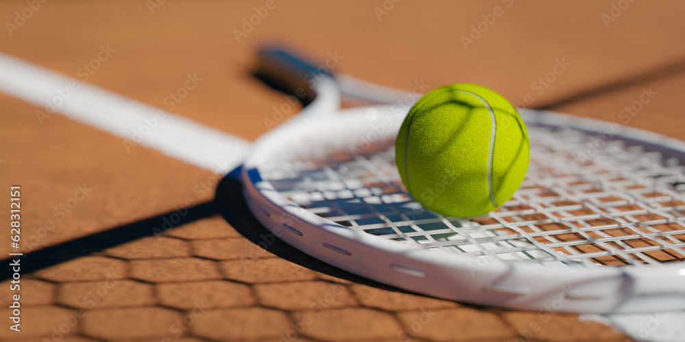 Net shadows cast over tennis racquets and balls on a tennis court, 3d rendering