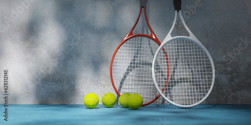 Two tennis rackets and balls upright during a break in a tennis match, 3d rendering © AddMeshCube