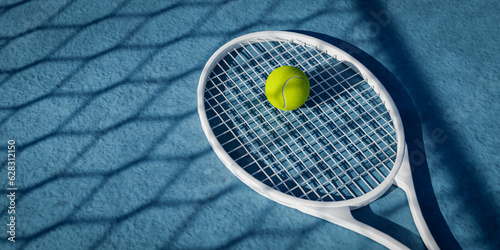 Net shadows cast by tennis rackets and balls on a tennis court, 3d rendering © AddMeshCube