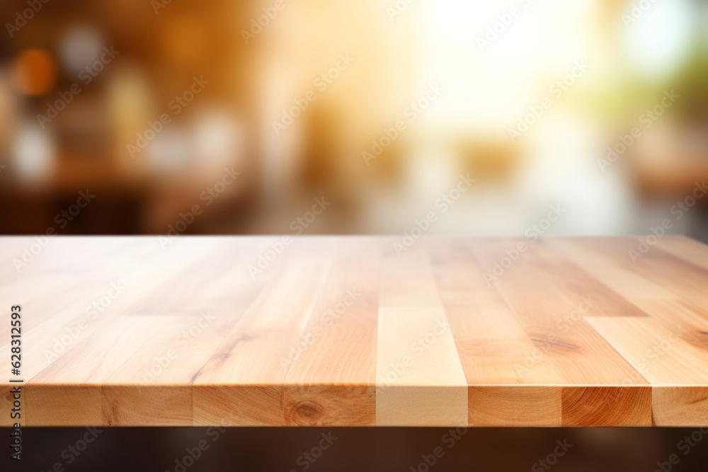 Empty wooden table top with lights bokeh on blur  background