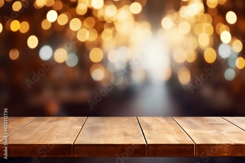 Empty wooden table top with lights bokeh on blur background