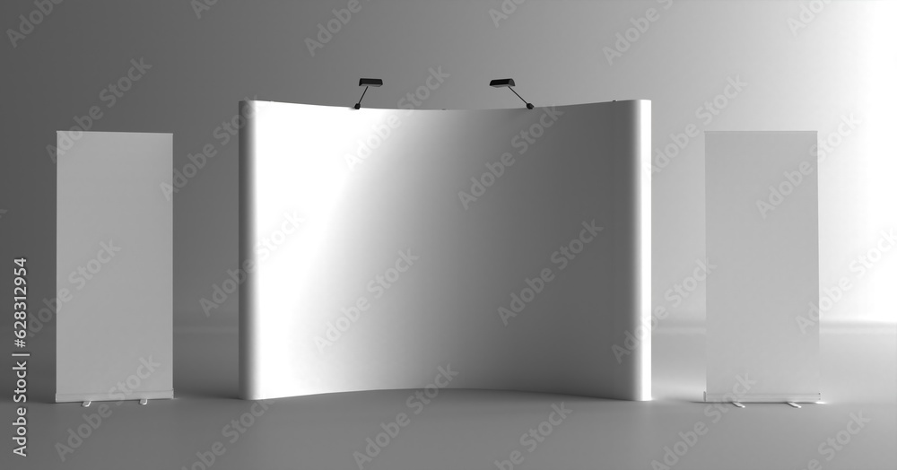 Trade exhibition stand display and rollup. Pop up display with promotion counter table. Exhibition Expo Pop Up Banner Backdrop Mockup. - obrazy, fototapety, plakaty 