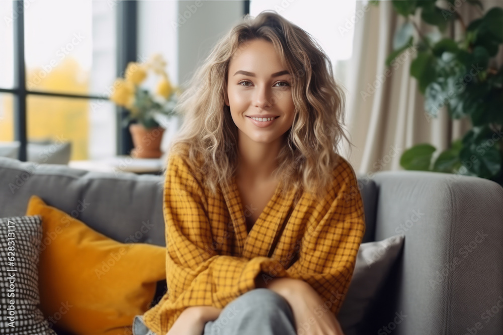 Beautiful Woman Sitting on Comfortable Sofa in Living Room. Generative AI Beautiful Woman Sitting on Comfortable Sofa in Living Room. Generative AI