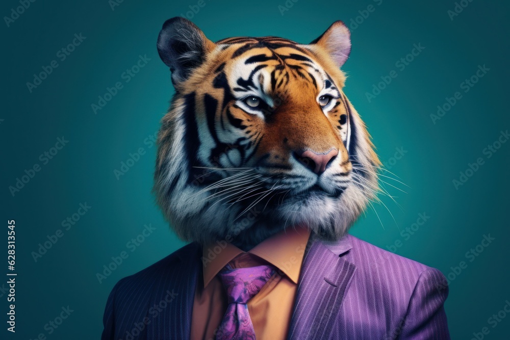 Anthropomorphic Tiger dressed in a suit like a businessman. Business Concept. AI generated, human enhanced