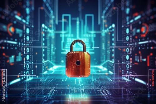 Futuristic background with a padlock as a symbol of internet security and personal data protection. AI generated