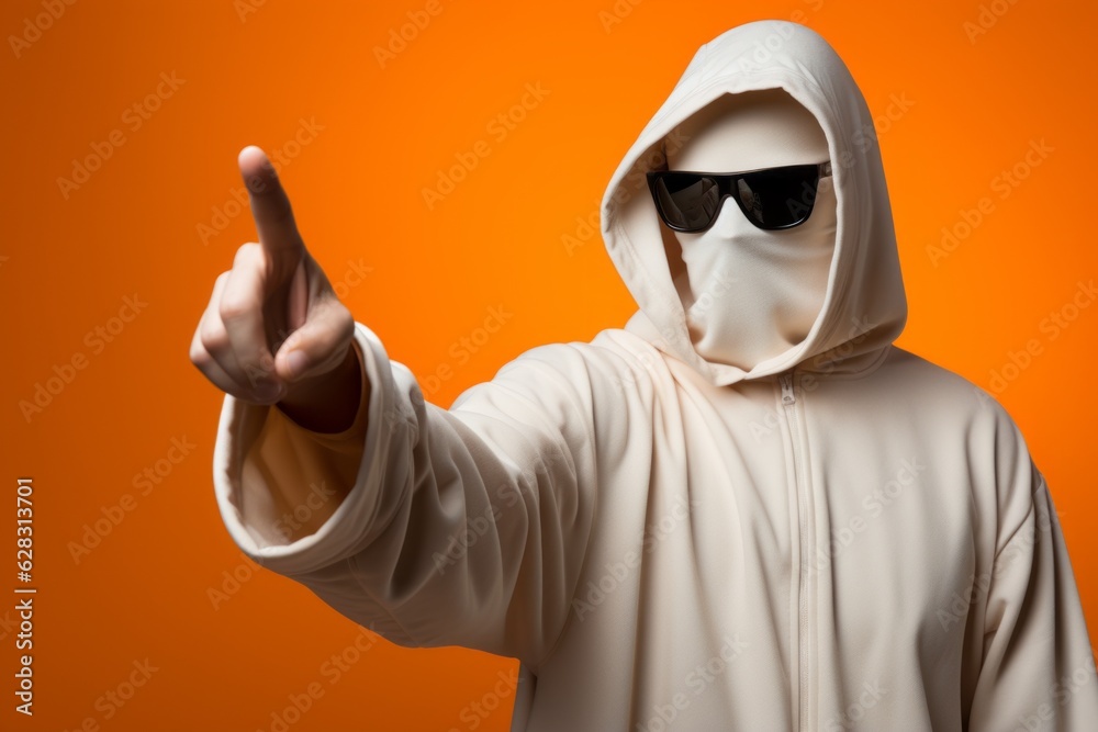 A man in a ghost costume. Halloween advertising concept. Background with selective focus and copy space A man in a ghost costume. Halloween advertising concept. Background with selective focus and copy space