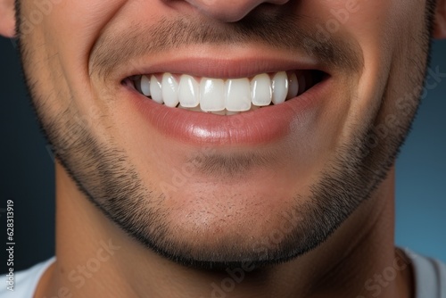 Perfectly white healthy teeth of a smiling man close-up. Portrait with selective focus and copy space
