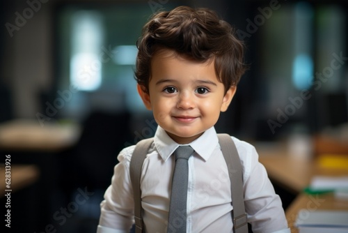 Boy businessman. Child in business style. Portrait with selective focus and copy space