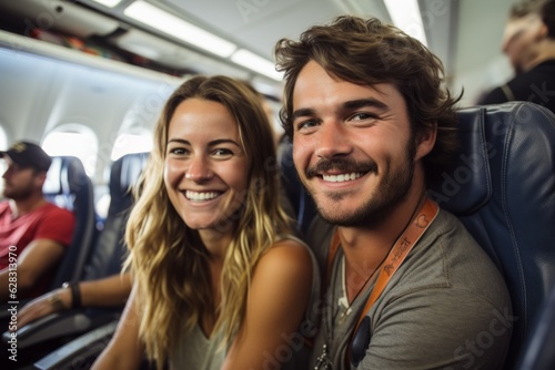 A man on a plane with a woman. Background with selective focus and copy space © top images