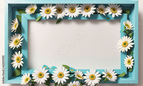 Frame with daisies on white background, top view. Space for text. Generative AI © Anton Dios