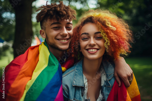 LGBT pride portrait of a young couple sitting in a park under a tree wrapped in a rainbow flag LGBTQ+ diversity equality and community concept