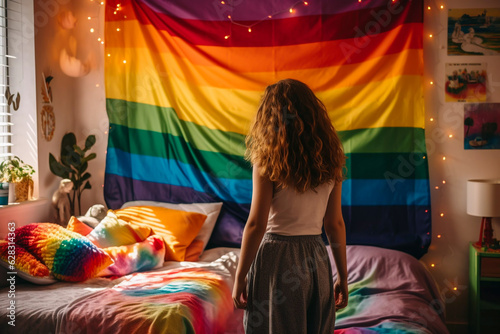 Young woman decorating her bedroom with a pride rainbow flag LGBTQ+ diversity equility and community concept