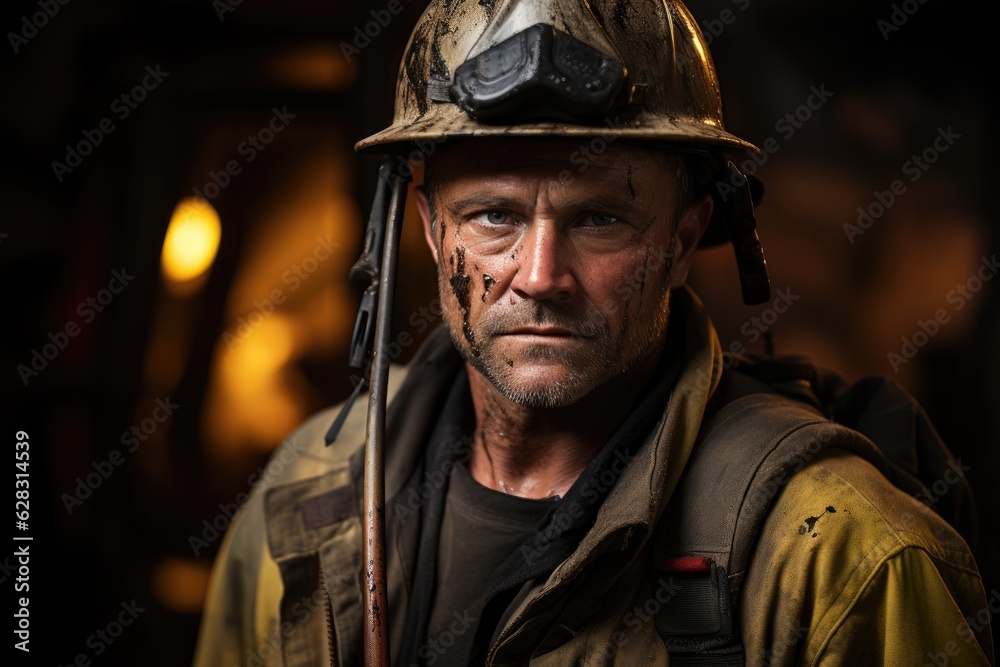 A male firefighter in a yellow uniform and helmet. Generative AI