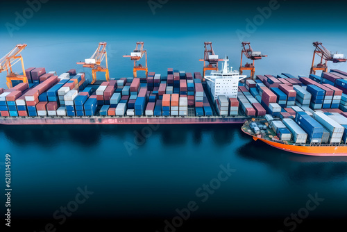 container ship in import export and business logistics by crane trade port shipping cargo to harbor aerial view from drone international transportation business logistics concept