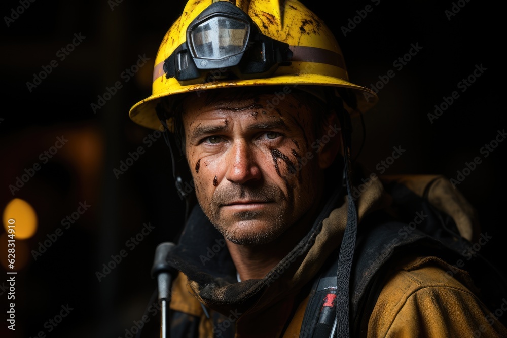 A male firefighter in a yellow uniform and helmet. Generative AI A male firefighter in a yellow uniform and helmet. Generative AI