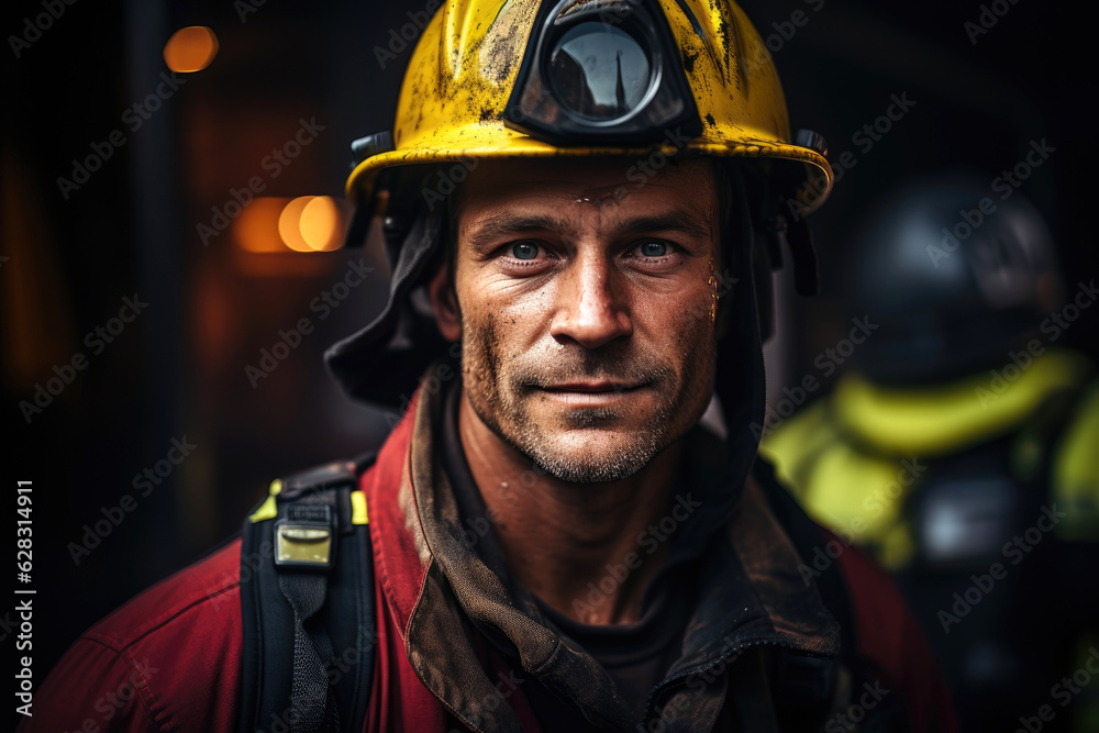 A male firefighter in a yellow uniform and helmet. Generative AI