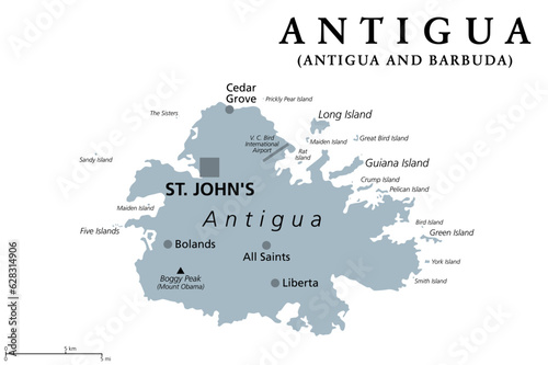Antigua, island in the Lesser Antilles, gray political map. One of the Leeward Islands in the Caribbean region, and most populous island of the country of Antigua and Barbuda, with capital St. John's.