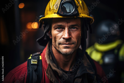 A male firefighter in a yellow uniform and helmet. Generative AI © piai