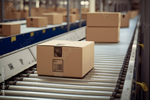 cardboard boxes on conveyor rollers ready to be shipped by courier for distribution