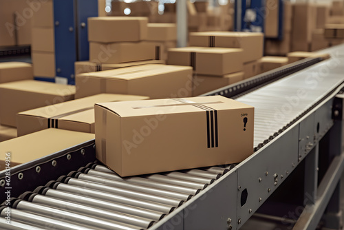 cardboard boxes on conveyor rollers ready to be shipped by courier for distribution