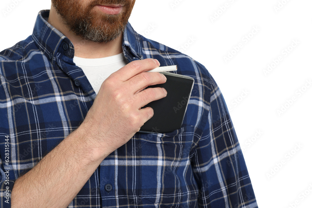 Man putting cigarette case into pocket isolated on white, closeup Man putting cigarette case into pocket isolated on white, closeup