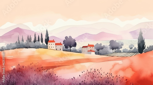 French landscape, watercolor painted. Small houses, cypress trees and lavender bushes. Peaceful srtistic illustration of farm, european villa. photo