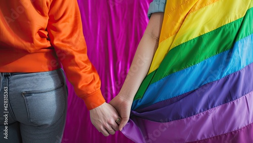 couple holding hands in front of colorful lgbt flag Generative AI