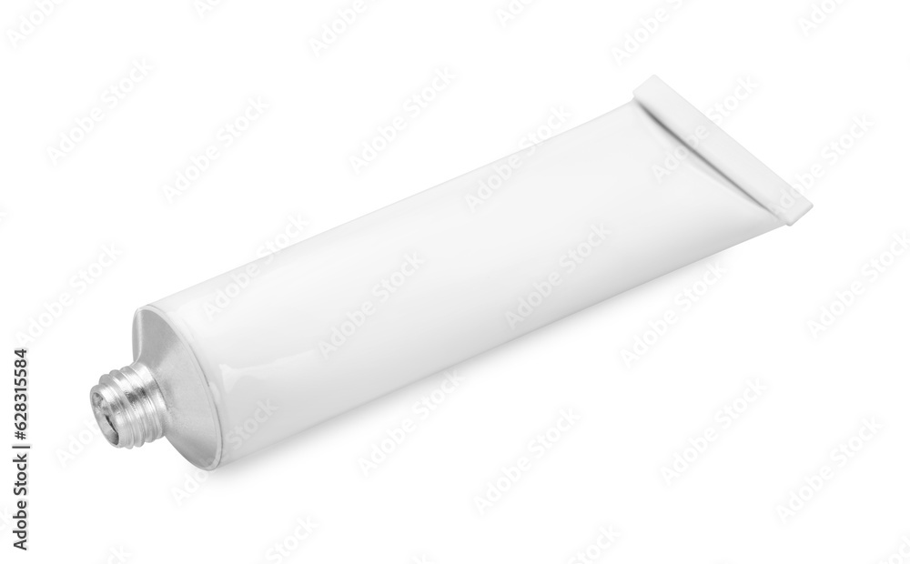 Open tube of ointment isolated on white, space for text Open tube of ointment isolated on white, space for text