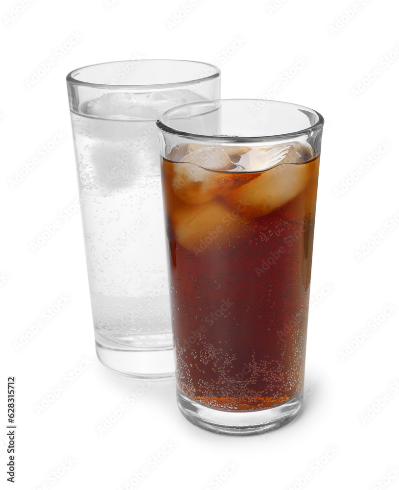 Glasses of different refreshing soda water with ice cubes on white background Glasses of different refreshing soda water with ice cubes on white background
