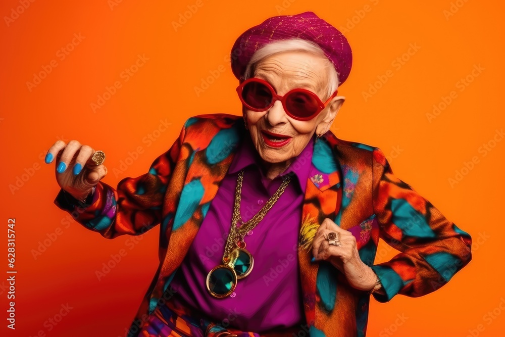 A funny elderly woman dancing in front of a color backdrop. Generative AI