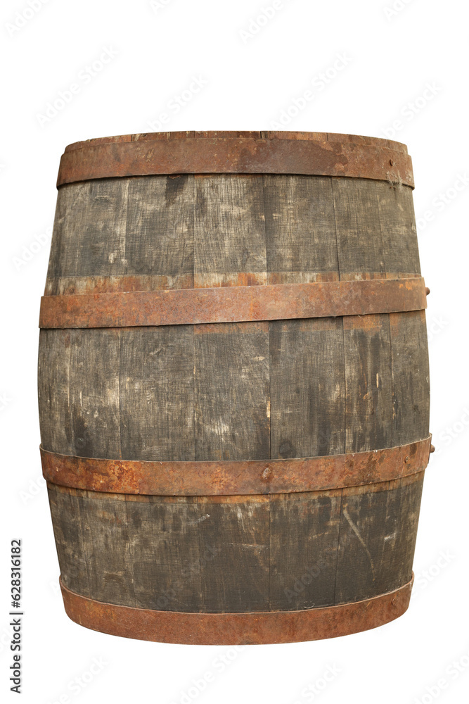 Obraz premium One wooden barrel with metal hoops isolated on white