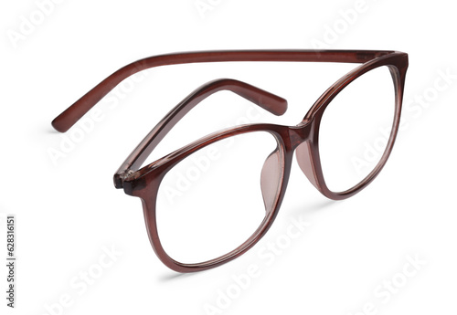 Stylish glasses with brown frame isolated on white